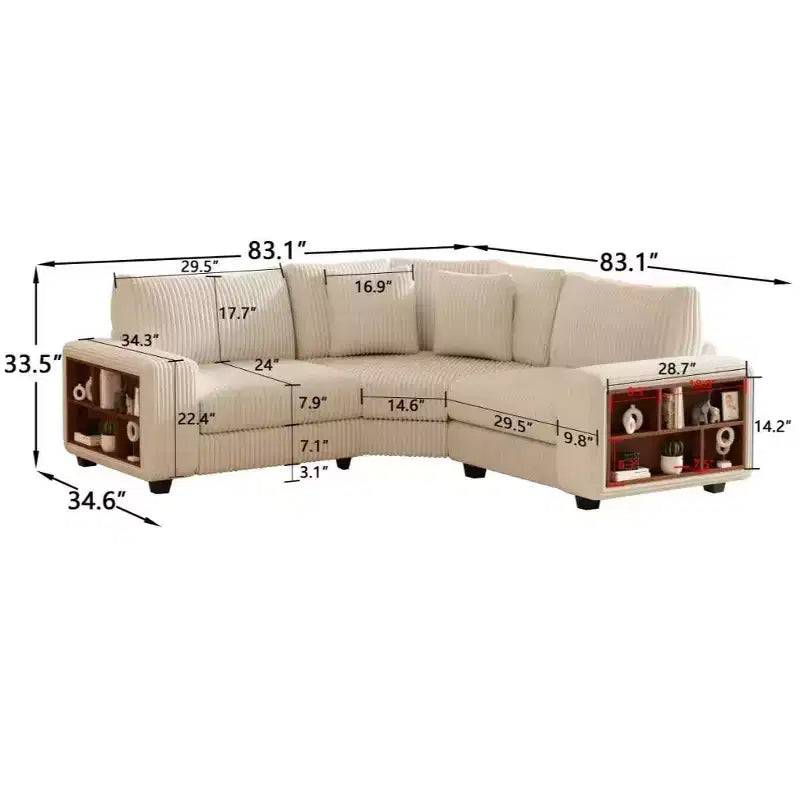 GDFStudio Antonia Modular Beige Corduroy Upholstered L-Sectional Sofa with Built-In Shelf