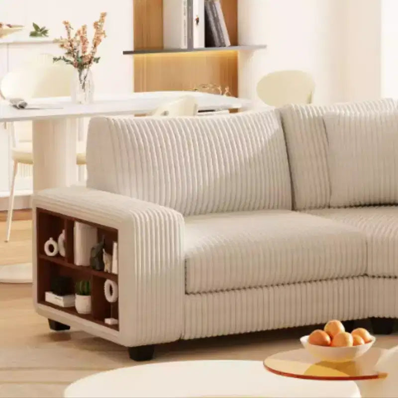 GDFStudio Antonia Modular Beige Corduroy Upholstered L-Sectional Sofa with Built-In Shelf