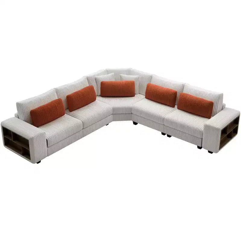 GDFStudio Antonia Modular Beige Corduroy Upholstered L-Sectional Sofa with Built-In Shelf