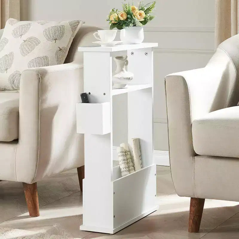 Kings Brand Furniture Narrow Side Table with Storage Shelf - Modern Slim Sofa End Table, Bedside Table with Magazine and Remote Holder