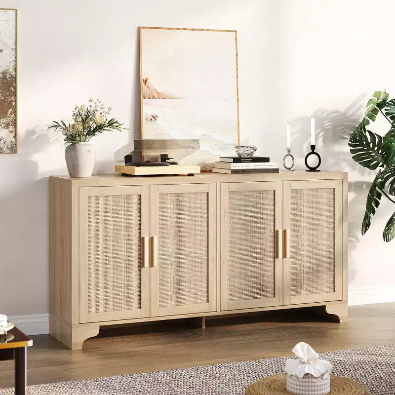 Madia/credenza a 4 ante in rovere e rovere/bianco con inserti in rattan, montaggio da 2 persone