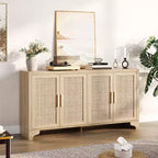 Madia/credenza a 4 ante in rovere e rovere/bianco con inserti in rattan, montaggio da 2 persone