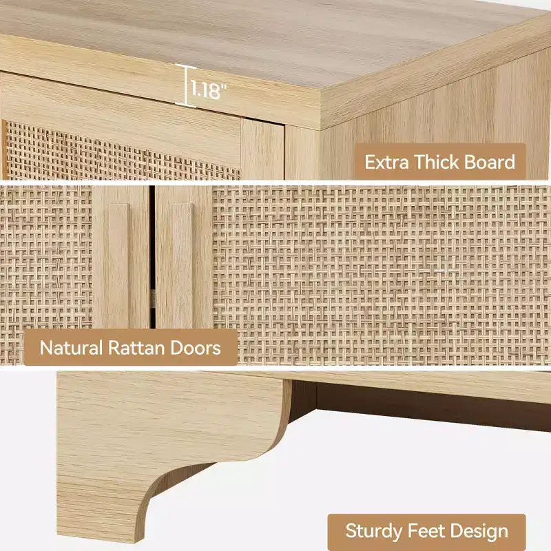 Madia/credenza a 4 ante in rovere e rovere/bianco con inserti in rattan, montaggio da 2 persone