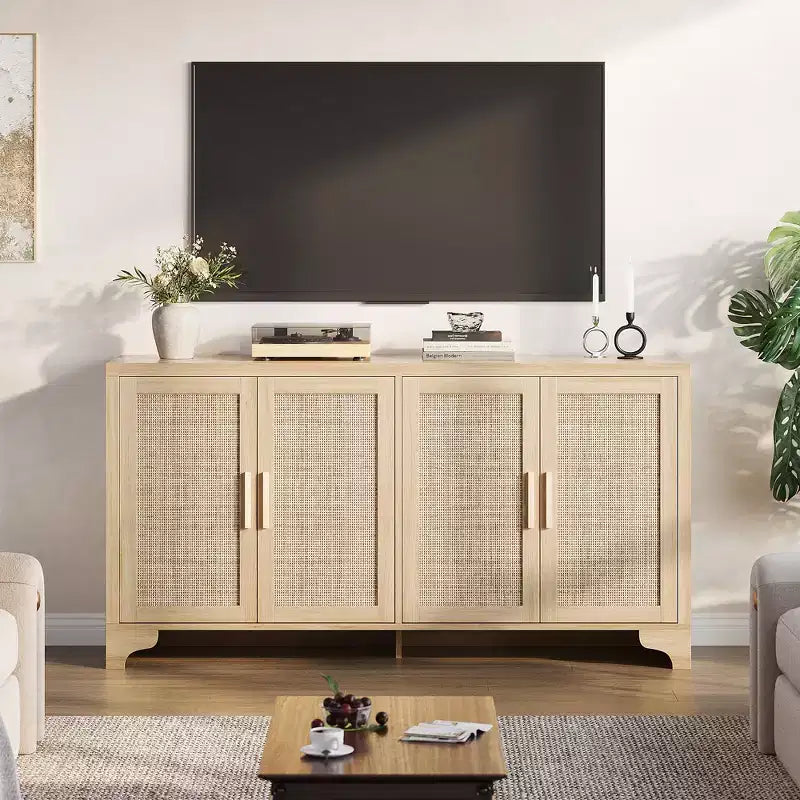 Madia/credenza a 4 ante in rovere e rovere/bianco con inserti in rattan, montaggio da 2 persone
