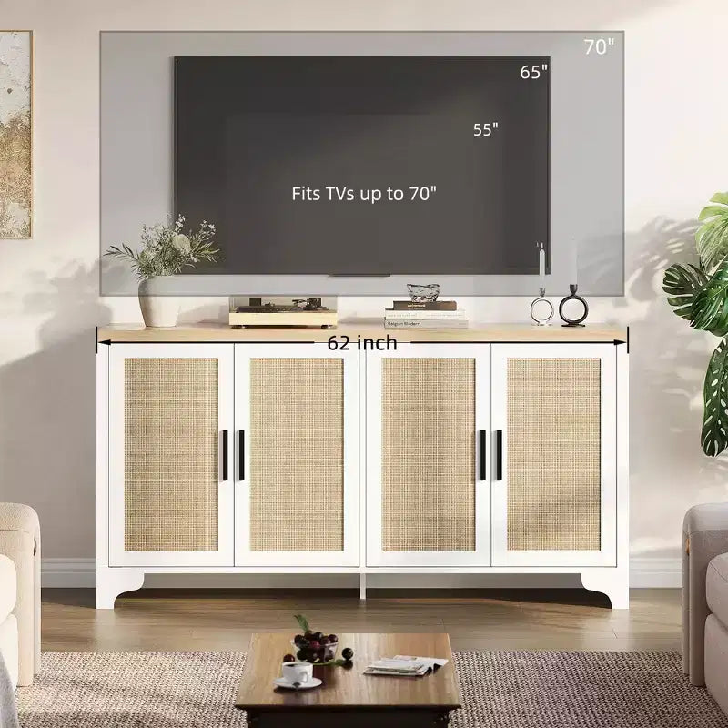 Madia/credenza a 4 ante in rovere e rovere/bianco con inserti in rattan, montaggio da 2 persone