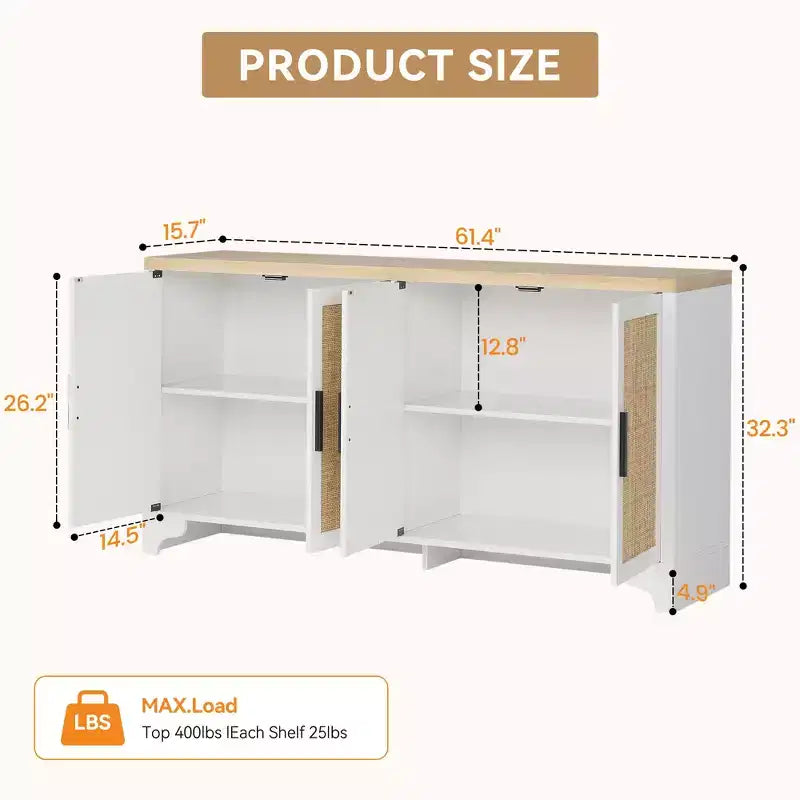 Madia/credenza a 4 ante in rovere e rovere/bianco con inserti in rattan, montaggio da 2 persone