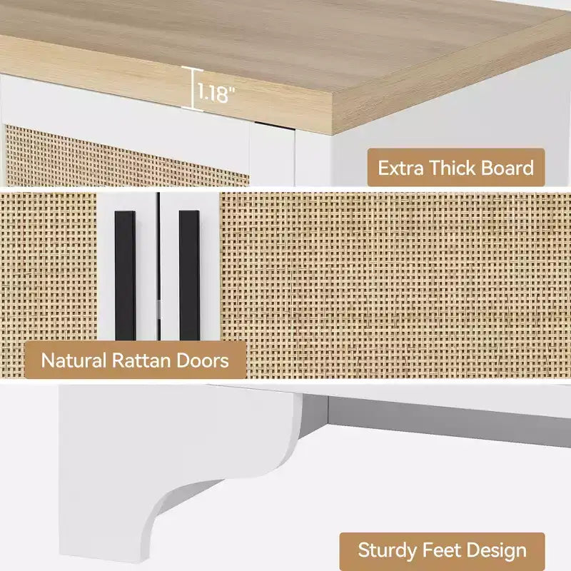 Madia/credenza a 4 ante in rovere e rovere/bianco con inserti in rattan, montaggio da 2 persone