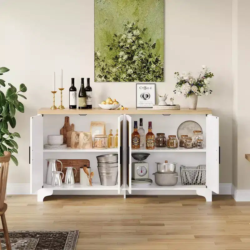 Madia/credenza a 4 ante in rovere e rovere/bianco con inserti in rattan, montaggio da 2 persone