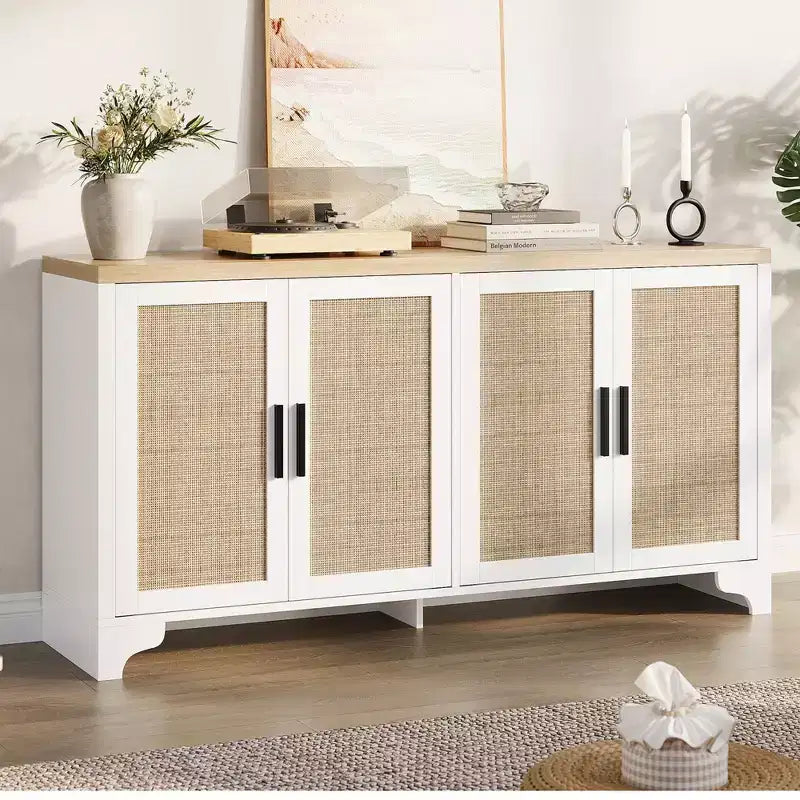Madia/credenza a 4 ante in rovere e rovere/bianco con inserti in rattan, montaggio da 2 persone