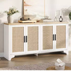 Madia/credenza a 4 ante in rovere e rovere/bianco con inserti in rattan, montaggio da 2 persone