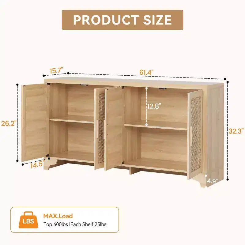 Madia/credenza a 4 ante in rovere e rovere/bianco con inserti in rattan, montaggio da 2 persone