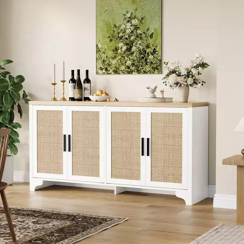 Madia/credenza a 4 ante in rovere e rovere/bianco con inserti in rattan, montaggio da 2 persone