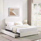 Letto queen-size imbottito in tessuto bouclé color avorio con cassetti, 2 posti