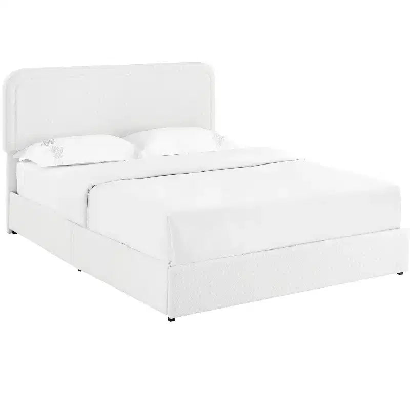 Letto queen-size imbottito in tessuto bouclé color avorio con cassetti, 2 posti
