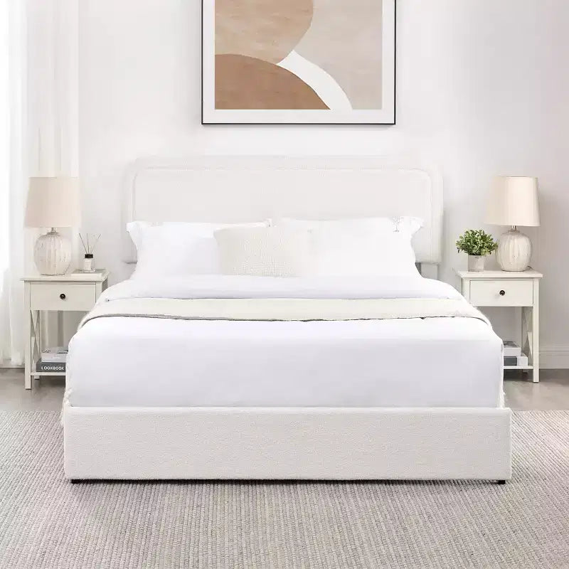 Letto queen-size imbottito in tessuto bouclé color avorio con cassetti, 2 posti