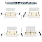 Letto queen-size imbottito in tessuto bouclé color avorio con cassetti, 2 posti
