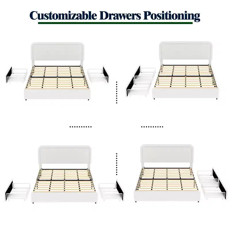 Letto queen-size imbottito in tessuto bouclé color avorio con cassetti, 2 posti