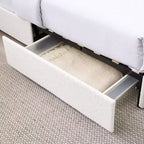 Letto queen-size imbottito in tessuto bouclé color avorio con cassetti, 2 posti