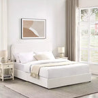 Letto queen-size imbottito in tessuto bouclé color avorio con cassetti, 2 posti
