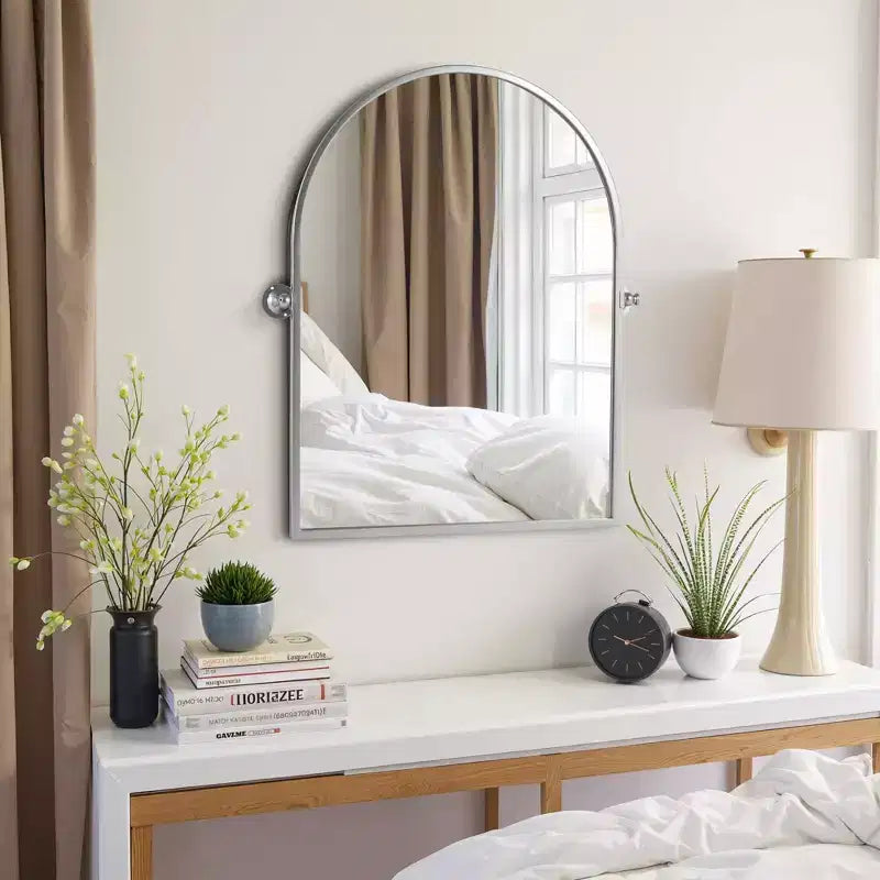 Silver Hardware Hanging Mirror with Iron Right-Angled Arched Design, 91x61x4cm