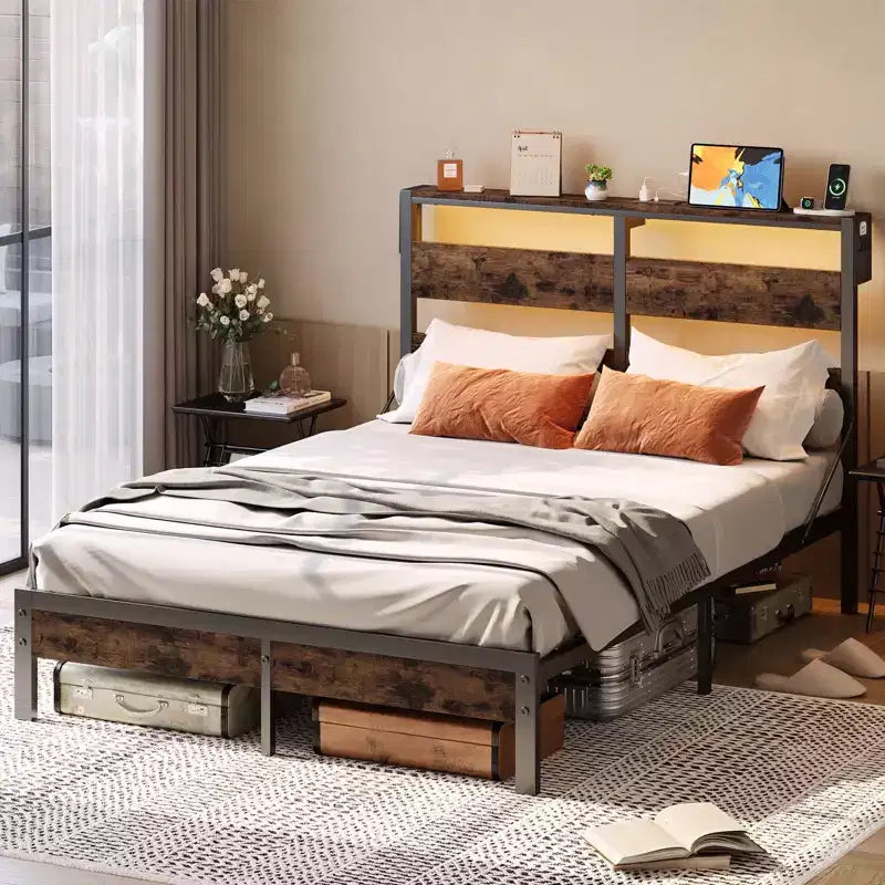 Struttura letto a piattaforma doppia noce / nero / grigio con luci a LED e stazione di ricarica, singola