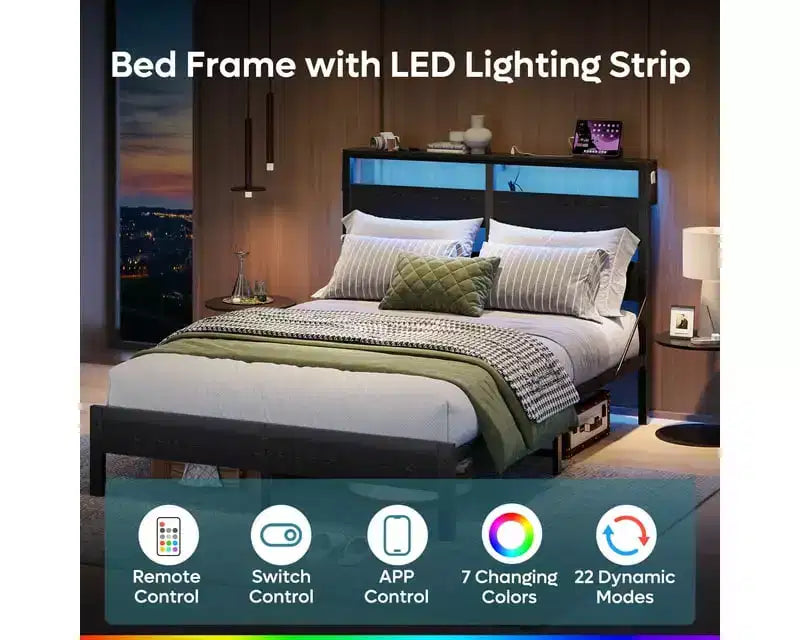 Struttura letto a piattaforma doppia noce / nero / grigio con luci a LED e stazione di ricarica, singola