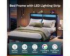 Struttura letto a piattaforma doppia noce / nero / grigio con luci a LED e stazione di ricarica, singola