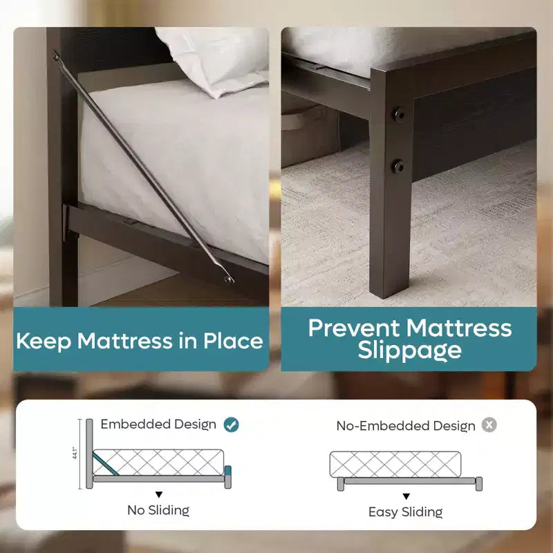 Struttura letto a piattaforma doppia noce / nero / grigio con luci a LED e stazione di ricarica, singola