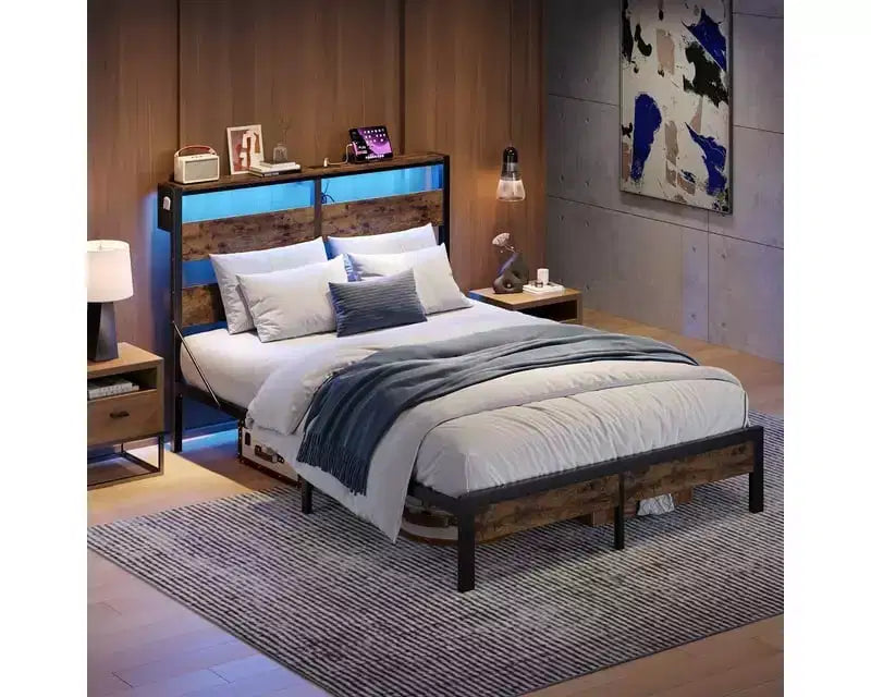 Struttura letto a piattaforma doppia noce / nero / grigio con luci a LED e stazione di ricarica, singola