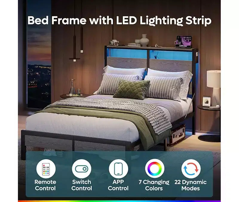 Struttura letto a piattaforma doppia noce / nero / grigio con luci a LED e stazione di ricarica, singola