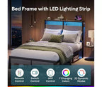 Struttura letto a piattaforma doppia noce / nero / grigio con luci a LED e stazione di ricarica, singola