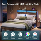 Struttura letto a piattaforma doppia noce / nero / grigio con luci a LED e stazione di ricarica, singola