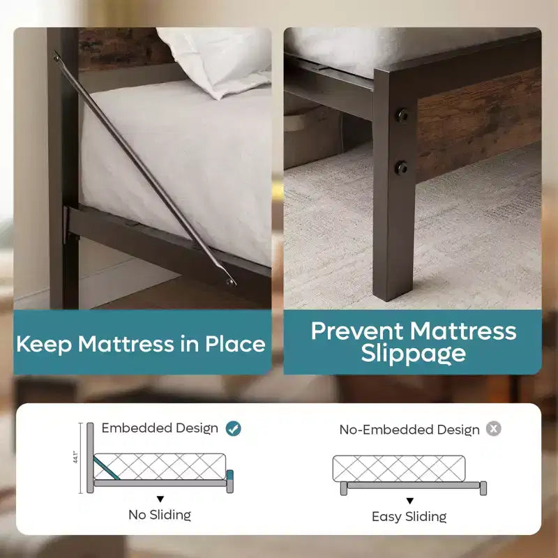 Struttura letto a piattaforma doppia noce / nero / grigio con luci a LED e stazione di ricarica, singola