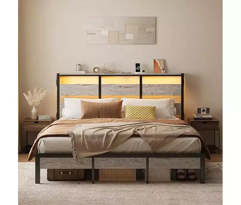 Struttura letto a piattaforma doppia noce / nero / grigio con luci a LED e stazione di ricarica, singola