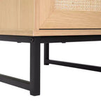 Comodino di metà secolo nero/naturale con cassetto in rattan e ripiano aperto