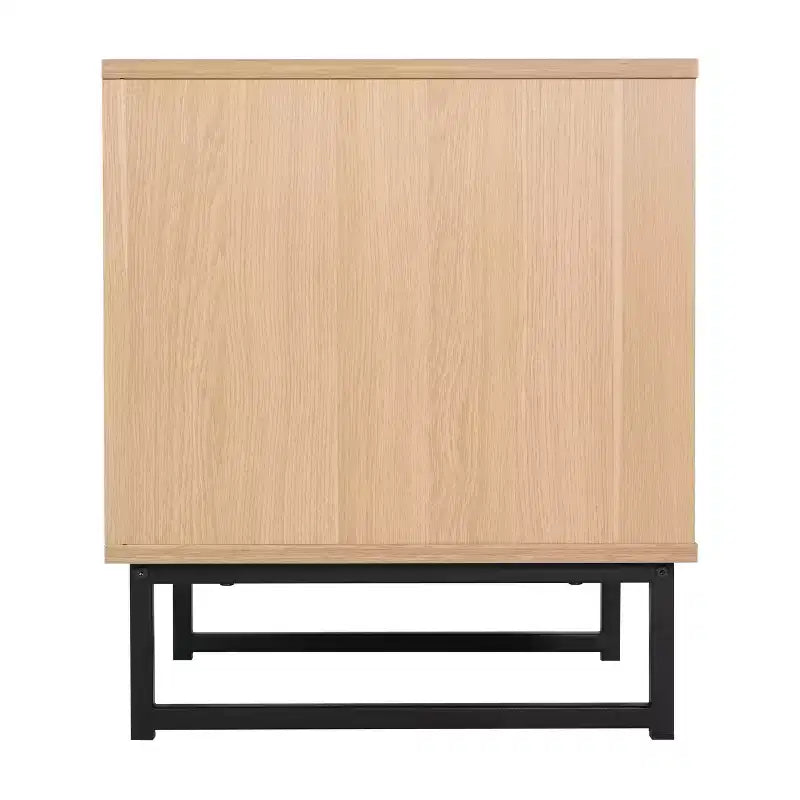 Comodino di metà secolo nero/naturale con cassetto in rattan e ripiano aperto