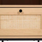 Comodino di metà secolo nero/naturale con cassetto in rattan e ripiano aperto