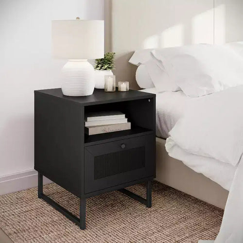 Flash Furniture Malaki Mid-Century Modern Nightstand or End Table with Rattan Accented Drawer, Open Upper Shelf, and Metal Legs