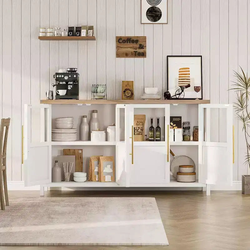 Mobile contenitore a 4 ante in vetro da 55", nero/bianco/legno, singolo