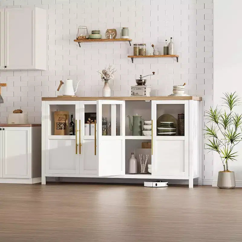 Mobile contenitore a 4 ante in vetro da 55", nero/bianco/legno, singolo