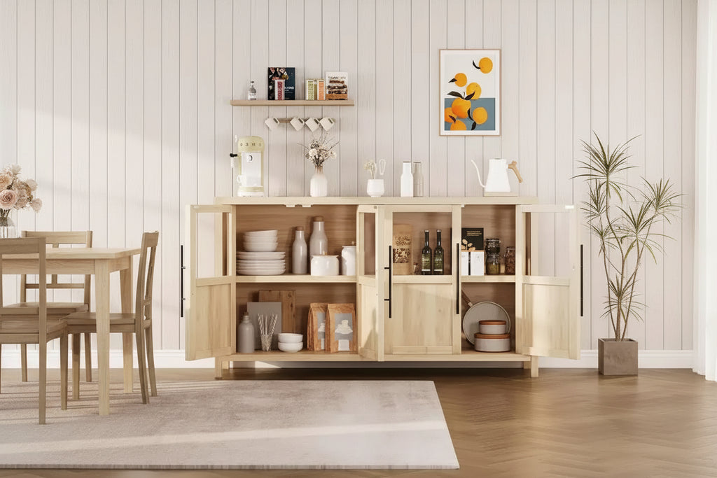 Mobile contenitore a 4 ante in vetro da 55", nero/bianco/legno, singolo