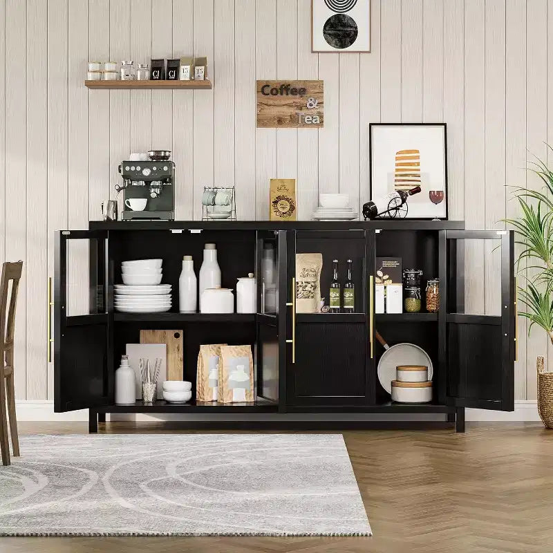 Mobile contenitore a 4 ante in vetro da 55", nero/bianco/legno, singolo
