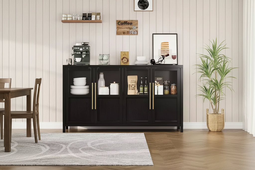 Acekool 55 Farmhouse Storage Cabinet  4 Glass Door Sideboard with Shelves, Slim Kitchen & Dining Organizer in Crisp White