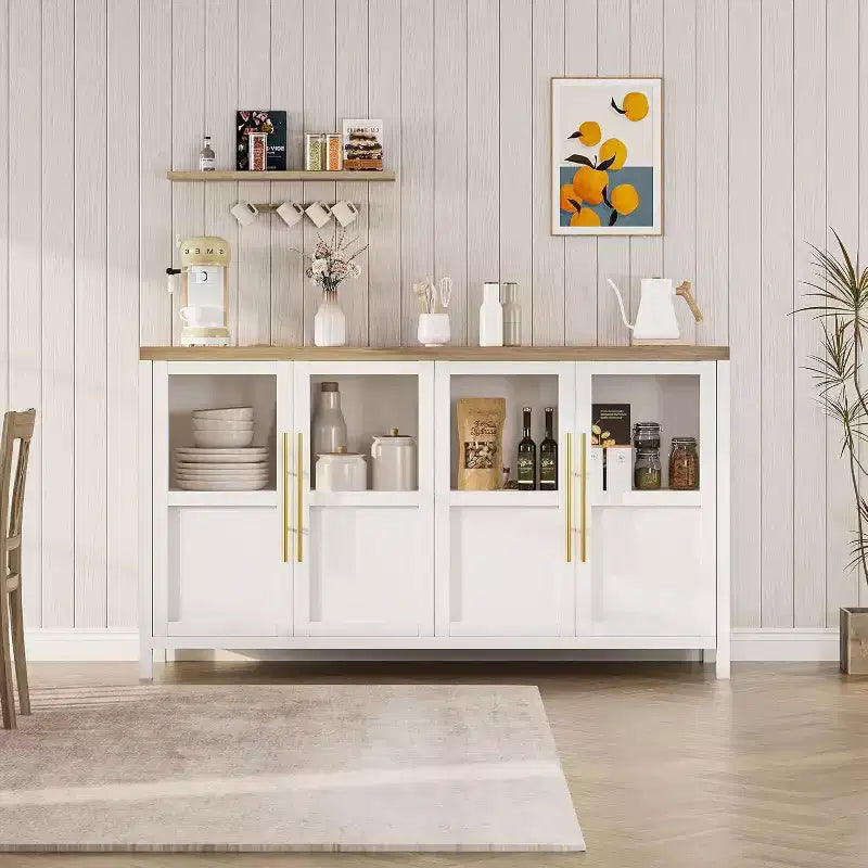 Mobile contenitore a 4 ante in vetro da 55", nero/bianco/legno, singolo