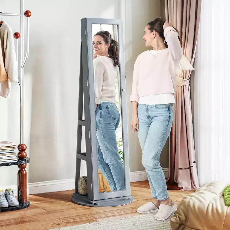 Armadio portagioie autoportante grigio/bianco con specchio girevole a 360°, uso singolo