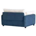 Poltrona singola in ciniglia blu/multicolore, con cuscini decorativi
