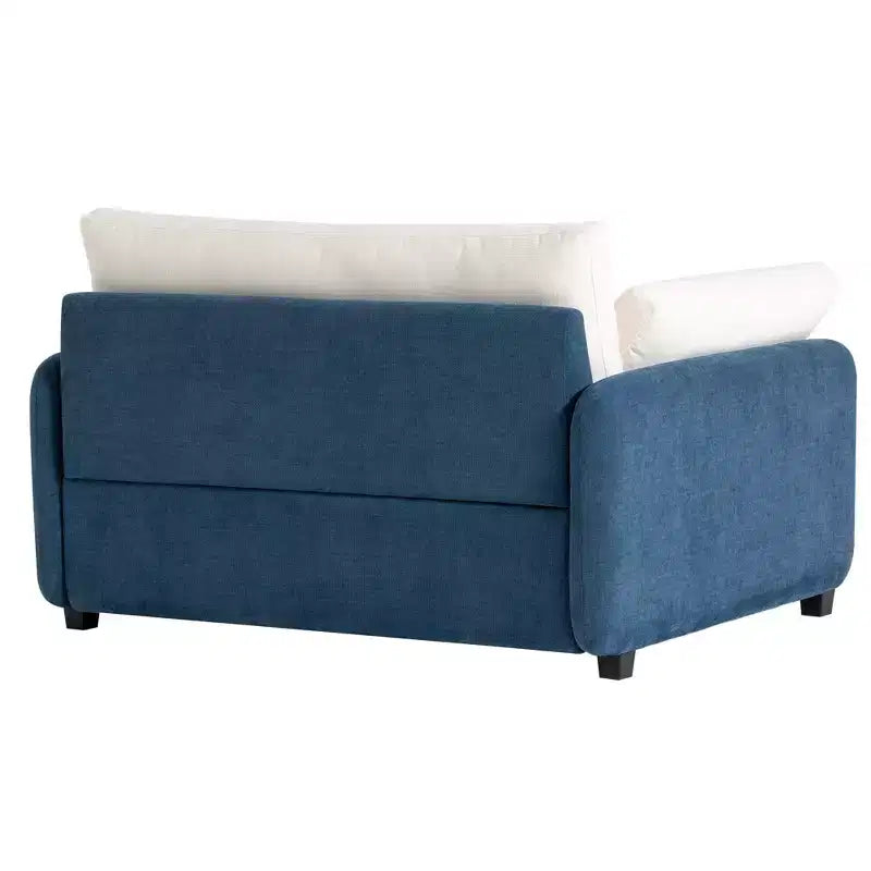 Poltrona singola in ciniglia blu/multicolore, con cuscini decorativi