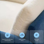 Poltrona singola in ciniglia blu/multicolore, con cuscini decorativi