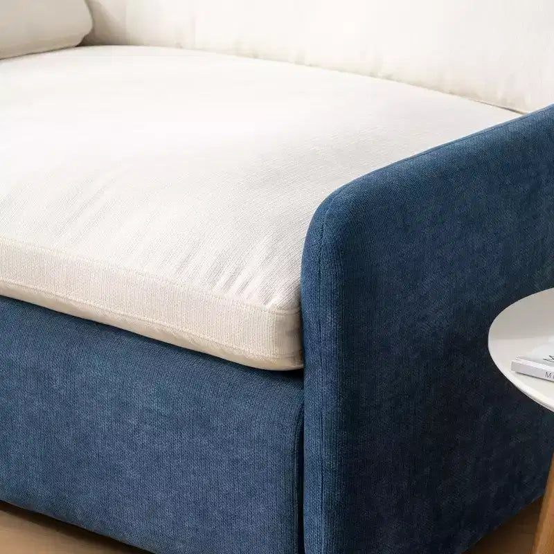 Poltrona singola in ciniglia blu/multicolore, con cuscini decorativi