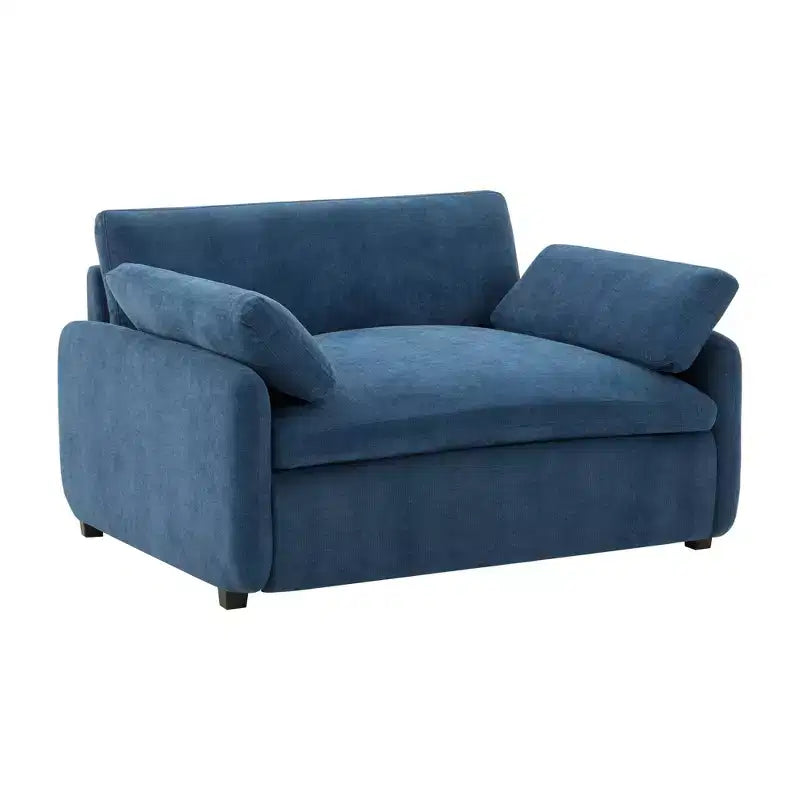 Poltrona singola in ciniglia blu/multicolore, con cuscini decorativi